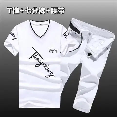 HEARUJOY  -  Summer Men Set Cotton T-Shirts Denim shorts New Tide Cowboy Shorts two Piece suits  Handsome Men's Sets