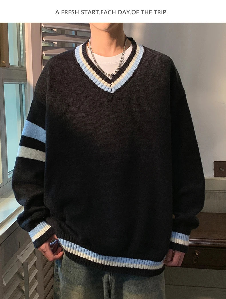 HEARUJOY  -  Preppy V-neck Sweater for Men Couples Pullovers Ins Knitted Top Autumn Korean Trendy Loose-fit Line Clothes for Students Youth