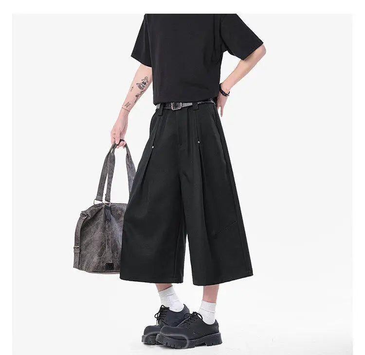 HEARUJOY  -  Korean Style Men Casual Shorts Solid Color Pleated Design Metal Design Cropped Trousers Cleanfit Male Bottom Simple