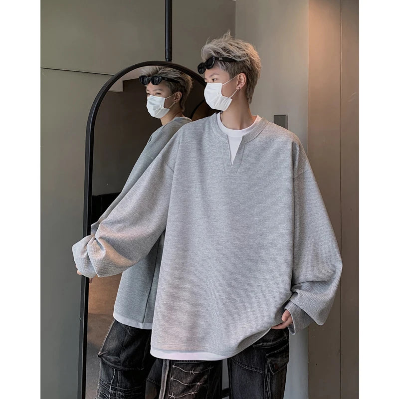 Hearujoy Loose Casual Tshirt Men Fake Two-piece Long Sleeve T Shirt Neutral Streetwear Fashion Women Korean Pullover T-shirts Gray/Black