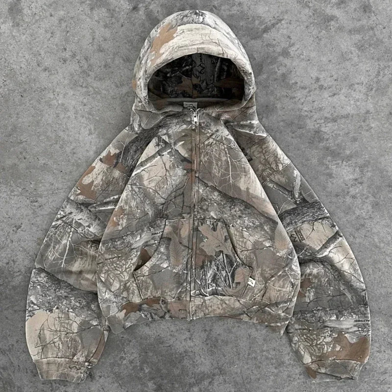 Hearujoy Y2k Hoodie New Leaf pattern Camouflage Loose Sweatshirt Mens Womens American Retro Street Hip Hop Streetwear Unisex Camo Hoodies