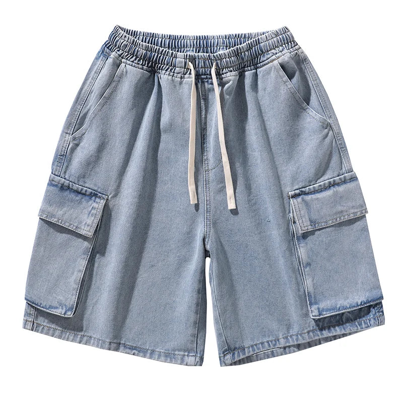 Hearujoy Korean Summer Men's Wide Leg Denim Shorts New Fashion Loose Casual Elastic Waist Large Pocket Work Shorts Men's Brand Clothing