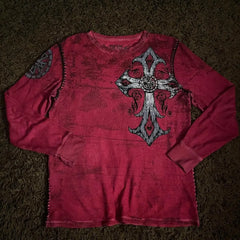 Hearujoy Y2K New Affect Long Sleeve T-shirt with Retro Cross Pattern Printed Red T-shirt for Men Women Hip Hop Gothic Punk Loose Red Top