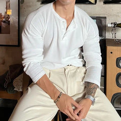 HEARUJOY  -  Vintage Trend Fashion Men T-Shirts Spring Autumn New Solid O-Neck Button Waffler Elastic Quick Dry Casual Loose Long Sleeve Tops