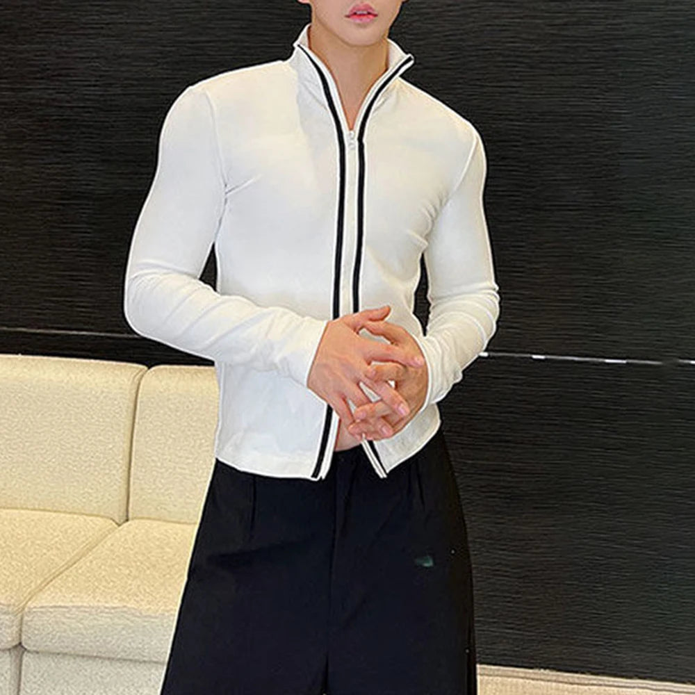 HEARUJOY  -  Men T-Shirt Slim Fit Contrast Color Two-Way Zipper T-Shirt Streetwear Personality Fashion Casual Long-Sleeve Tops Men'S Clothing