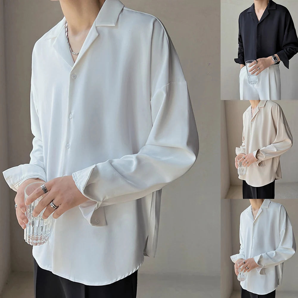 HEARUJOY  -  Casual Drape Shirt Trendy Button Up For Everyday Wear Casual Drape Shirt For Men All Seasons Wear Daily Use Apparel