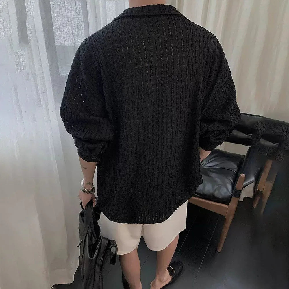 HEARUJOY  -  Mens Shirts Hollow Knitted Casual Shirts Spring Streetwear Fashion Thin Sexy Ballroom Long-Sleeved Tops Men'S Clothing 2025 New