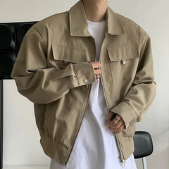 HEARUJOY  -  Simple Lapel Jacket Men Women High Street Short Khaki Baseball Uniform Oversize Multiple Pockets Metal Decoration Bomber Coat