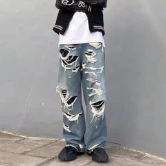 Hearujoy Distressed Washed Blue Baggy Wide Leg Jeans for Men and Women Frayed Casual Denim Trousers Oversized Loose Cargo Pants