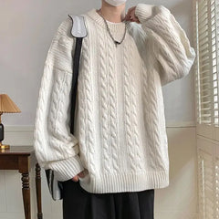 Hearujoy Solid Colour Ribbed Twist Pattern Round Neck Pullover Sweater Men Women Autumn Winter Couple Loose Knitted Woolen Top Warm Soft