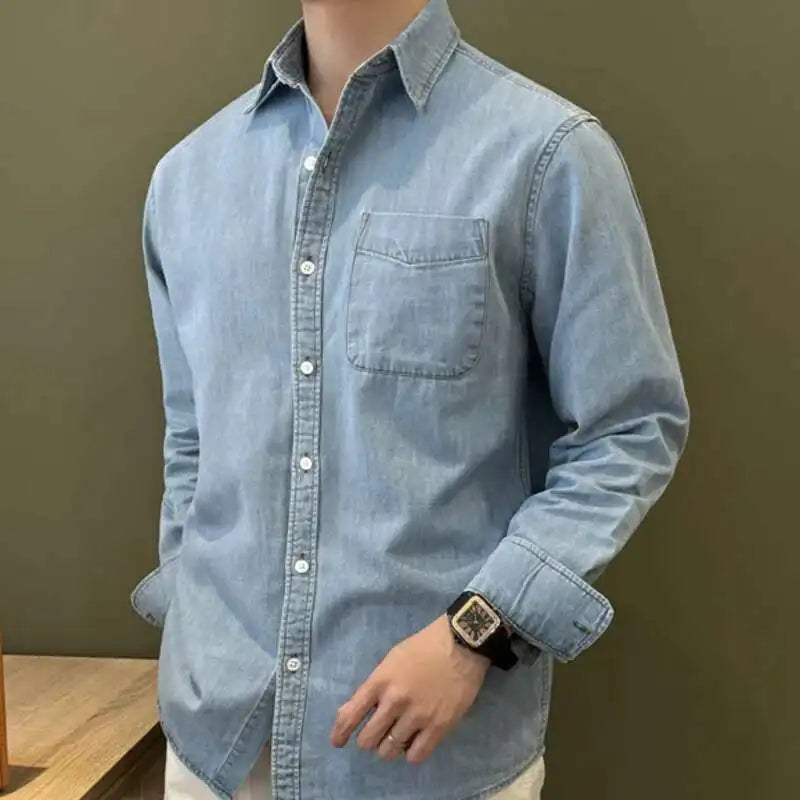 HEARUJOY  -  Lapel Collar Cotton Blend Denim Shirt Long Sleeve Shirt Retro Shirt British Versatile Casual Shirt Man Camisa Social Masculina