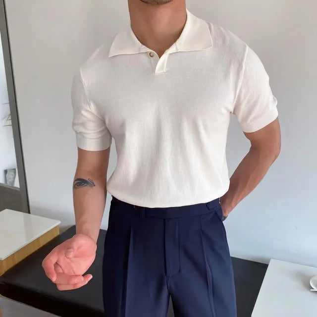 HEARUJOY  -  Summer Cotton Men Polo Shirt Business Casual Turn-down Collar Button-up Tees Fashion Flocking Tshirts Top Lce Silk Fabric Blouse