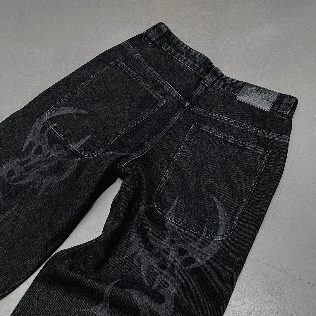 Hearujoy Harajuku Y2k Jeans Goth Hip Hop Pattern Oversized Pocket Ripped Black Baggy Jeans Casual New Mens Womens Denim Pants Streetwear