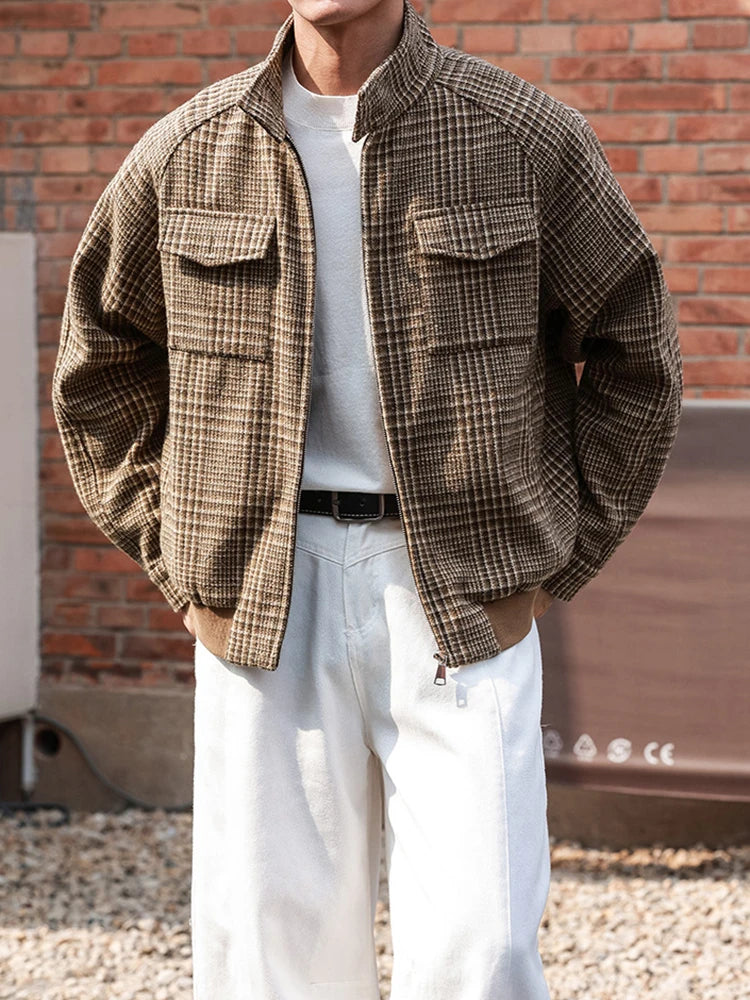 HEARUJOY  -  New Casual Zip-up Stand Collar Men's Jackets 2025 Autumn Winter Outdoor Fashion Houndstooth Jacket Coats men Stylish Outerwear