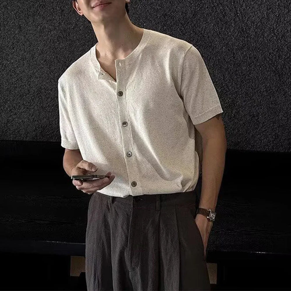 HEARUJOY  -  Mens Shirt Knitted Casual Shirt Summer Daily Solid Color Simple Versatile Soft Comfortable Short-Sleeve Top Men'S Clothing