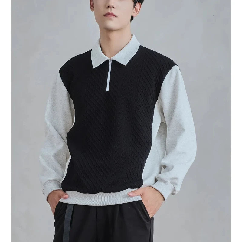 HEARUJOY  -  Trend Fashion Men Polo Shirts Spring Autumn New Lapel Half Zipper Fake Two Pieces Contrast Color Korean Casual Long Sleeve Tops