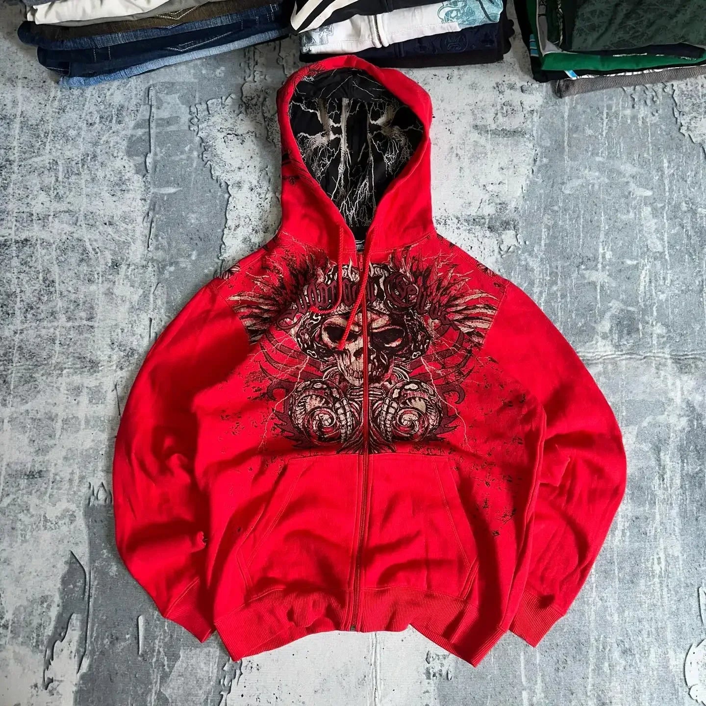 Hearujoy Y2K New Red Zipper Hoodie Retro Gothic Printed Pattern Hoodie High Street Hip-Hop Trend Sweatshirt Men's Women's Loose Hoodies