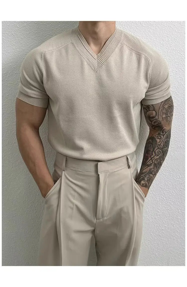 HEARUJOY  -  Men's Clothing Light Luxury Knit V Neck Short-sleeved T Shirt Solid Color Leisure Korean Popular Streetwear Retro Knitwear M-3XL