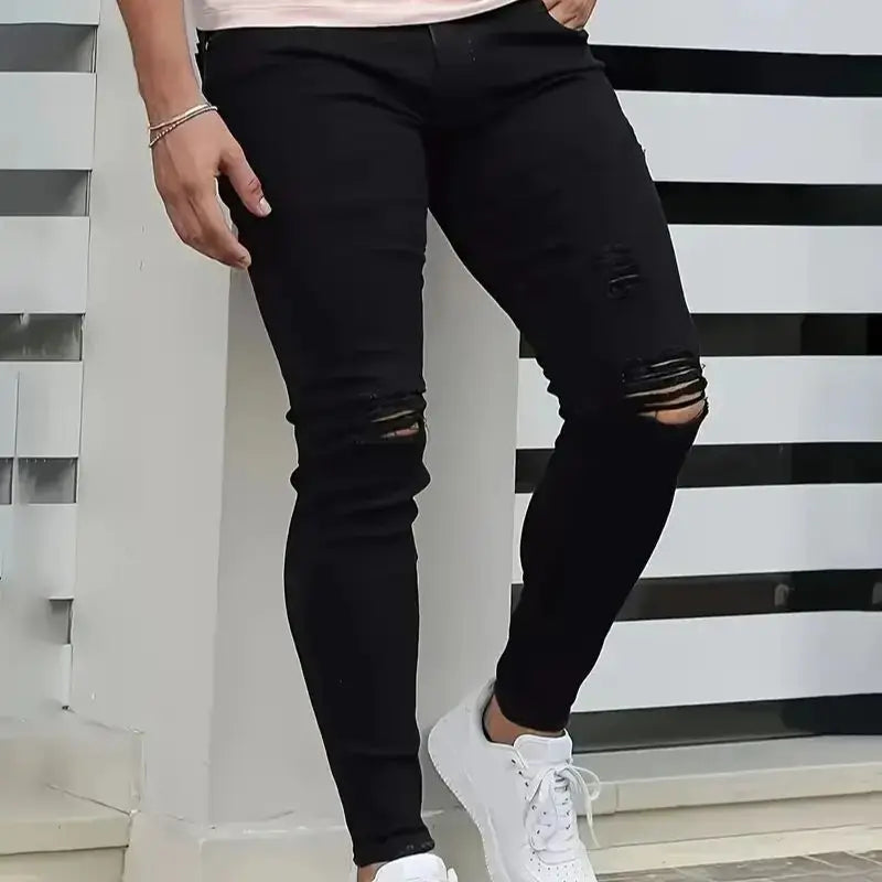 HEARUJOY  -  Men's Slim-Fit Ripped Jeans - Stylish Black Distressed Denim with Raw Hem, Comfortable & Versatile for All Seasons, Casual Stree
