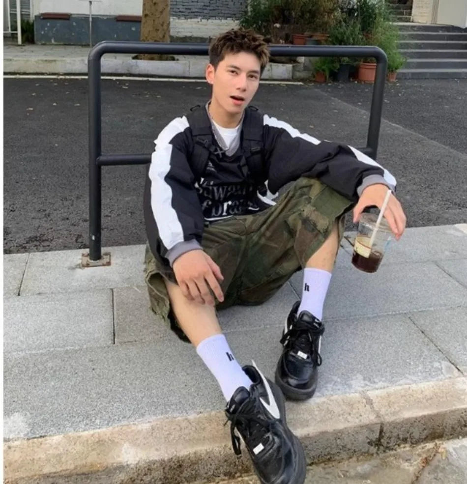 HEARUJOY  -  Spring American Trendy Mens T-shirt Spring Autumn Hip Hop Emblem Embroidery Long Sleeved Tops Color Block Loose Male Tees