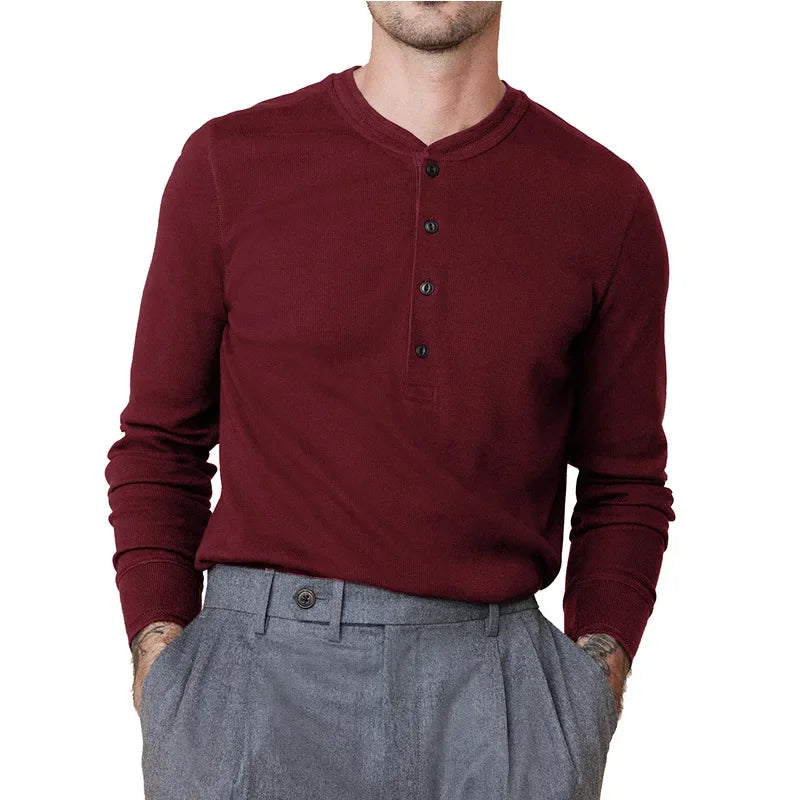 HEARUJOY  -  Men's Fashion Crewneck Long Sleeve T-shirt Henry Spring and Autumn Base Shirt Button Jumper Top
