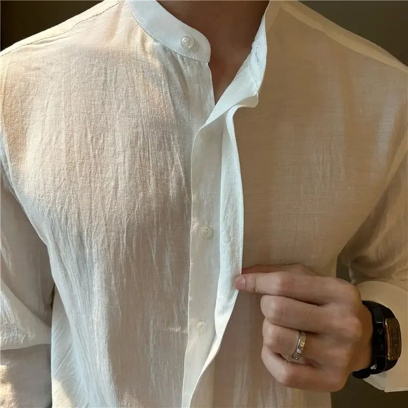 HEARUJOY  -  Long-sleeved Stand-collar Pleated Shirt Men's Summer Seaside Vacation Style Casual and Versatile Solid Color Spring Autumn Shirt