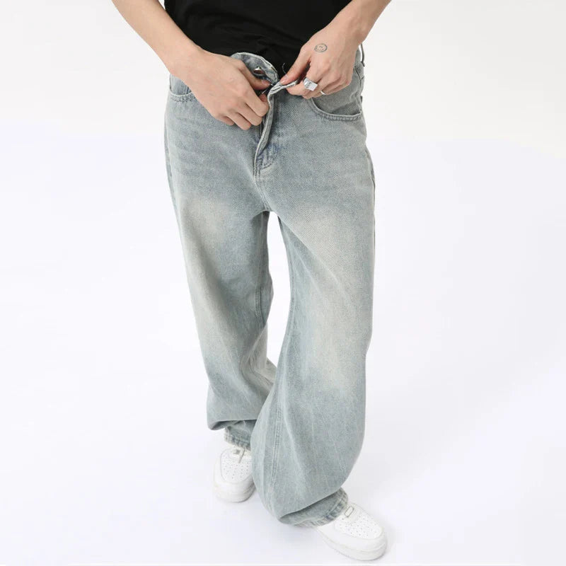 Hearujoy High Street Men's Jeans Casual Washed Light Straight Male Denim Pants Wide Leg Loose Trousers Chic Summer 9C6317