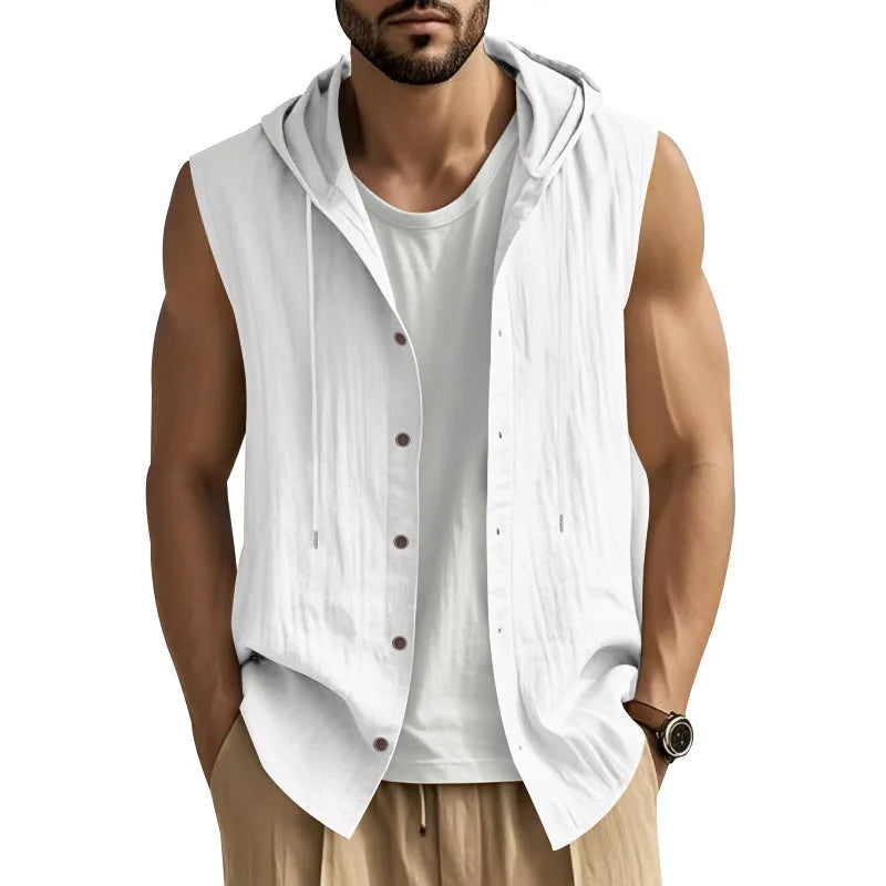 HEARUJOY  -  Summer Men's Casual Sleeveless Hooded Shirt, Linen Hooded Solid Color, Breathable and Loose Top