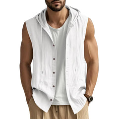 HEARUJOY  -  Summer Men's Casual Sleeveless Hooded Shirt, Linen Hooded Solid Color, Breathable and Loose Top