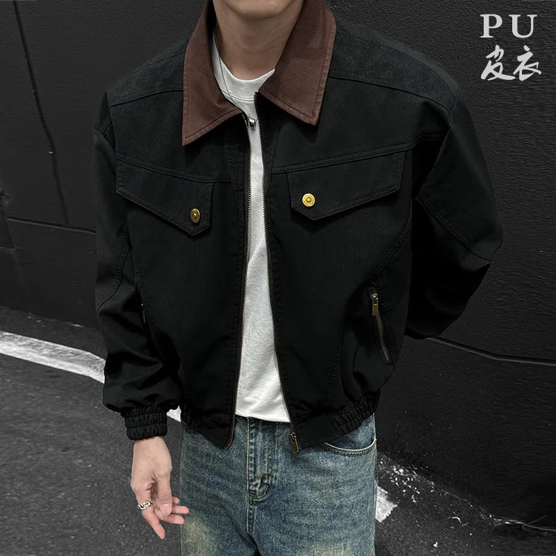 HEARUJOY  -  PU Jacket men 2025 autumn winter new faux leather men jacket contrast collar design short motorcycle windproof fashion trendy