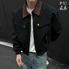 HEARUJOY  -  PU Jacket men 2025 autumn winter new faux leather men jacket contrast collar design short motorcycle windproof fashion trendy