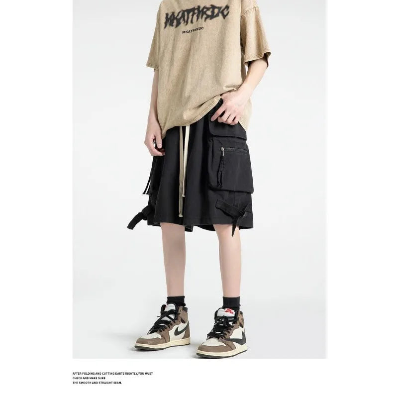 HEARUJOY  -  Men Clothing Trendy Vintage Japanese Style Streetwear Y2K Loose Cargo Shorts Summer Casual Solid Multi Pockets Short Baggy Pants