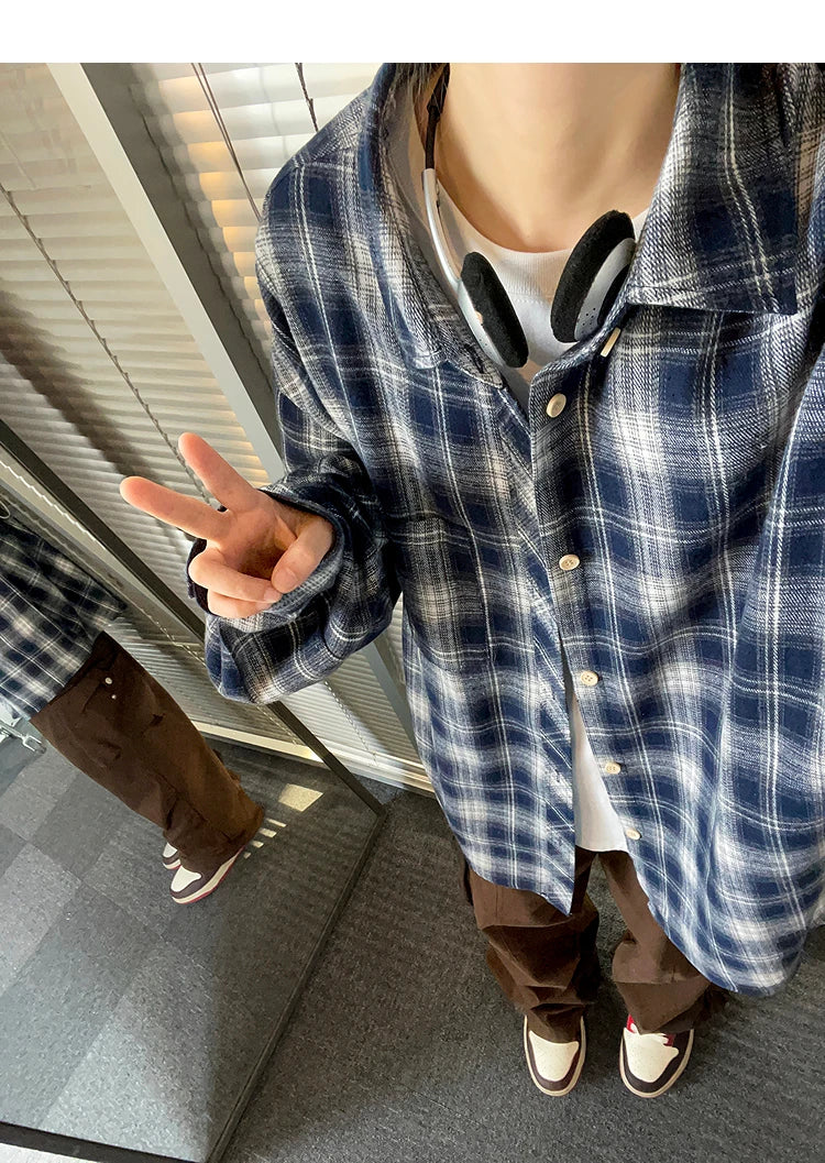 HEARUJOY  -  5XL Long Sleeved Shirt Men Oversized Retro Plaid Shirt Men Japanese Streetwear Loose Casual Shirt Mens Vintage Shirts Plus Size