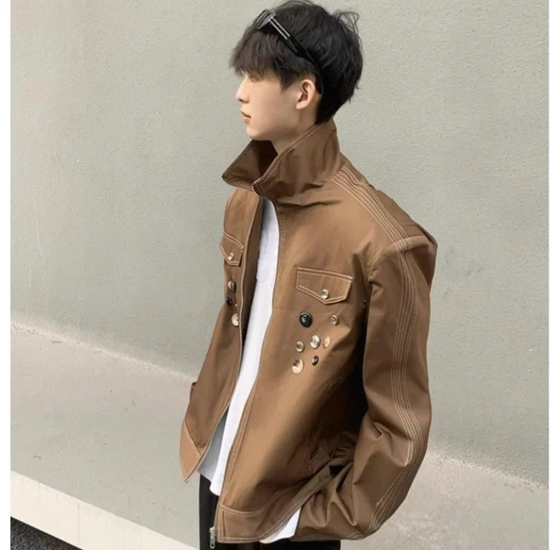 HEARUJOY  -  Spring Retro Irregular Button Mens Jacket Shoulder Pad Design Trend High Street Coats Motorcycle Fashion Stand Collar Outwear
