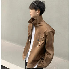 HEARUJOY  -  Spring Retro Irregular Button Mens Jacket Shoulder Pad Design Trend High Street Coats Motorcycle Fashion Stand Collar Outwear