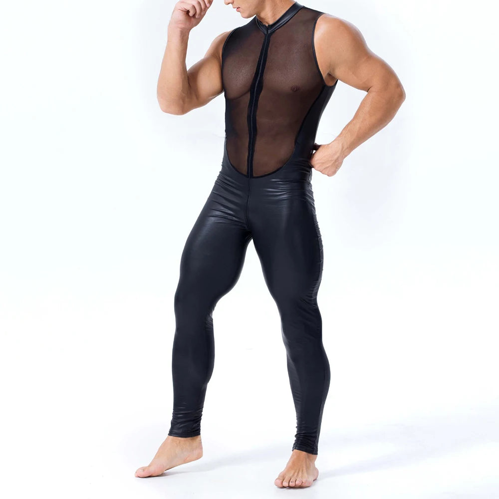 Hearujoy Mens Undershirts Mesh PU Leather See Through Vest Bodysuits Leotard Stage Dance Nightclub Long Pants LGBT Sexy Lingerie Jumpsuit