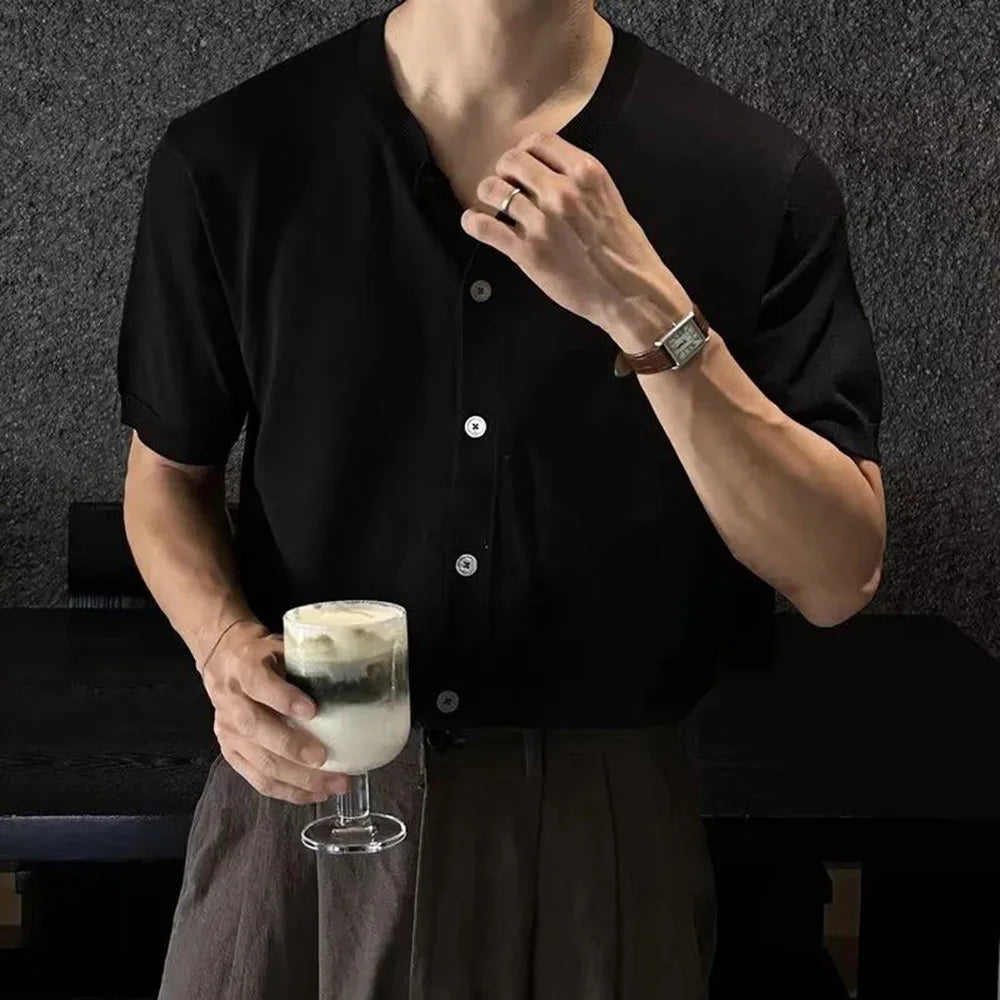 HEARUJOY  -  Mens Shirt Knitted Casual Shirt Summer Daily Solid Color Simple Versatile Soft Comfortable Short-Sleeve Top Men'S Clothing