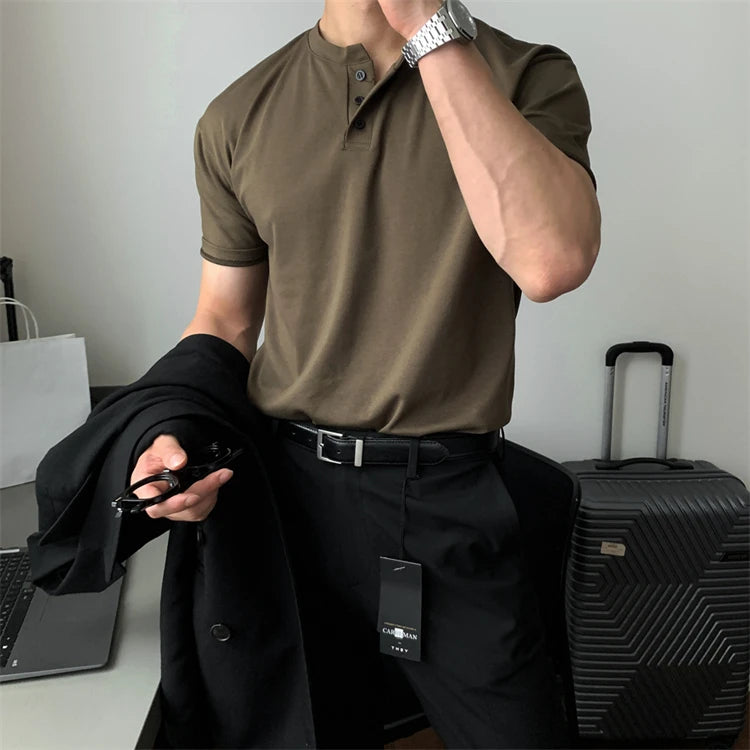 HEARUJOY  -  New Men Light Luxury Henry Collar T-Shirt Leisure Button-down Solid Color Short Sleeve Korean Style 2025 Summer Streetwear M-3XL
