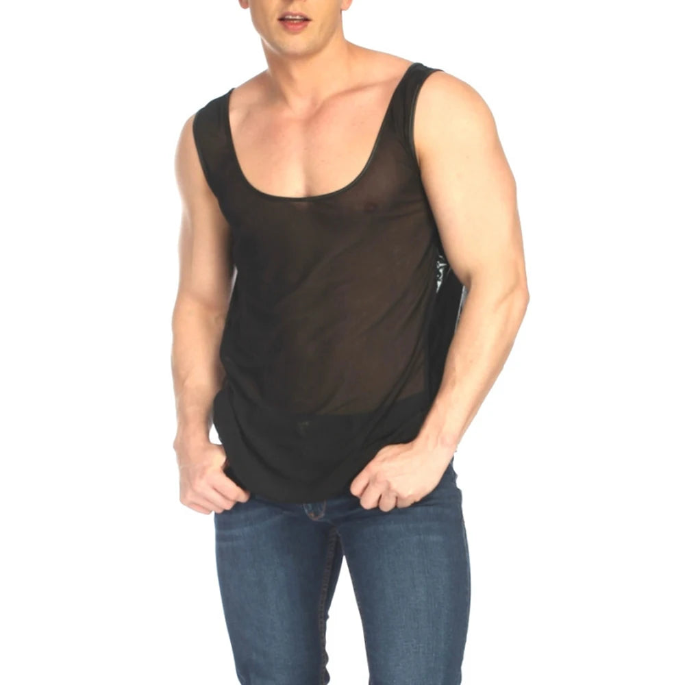 Hearujoy Men Sexy See-Through Mesh Splicing Vest 2024 New Genderless Nightclub Personalized Slim Stage Performance Clothing Unisex