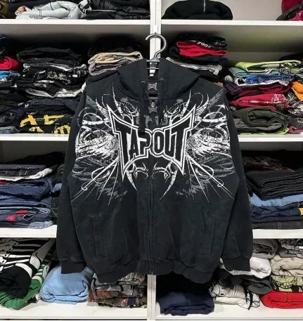 Hearujoy Harajuku Y2K retro letter print series zipper cardigan hooded sweatshirt sports loose casual streetwear hooded for men and women
