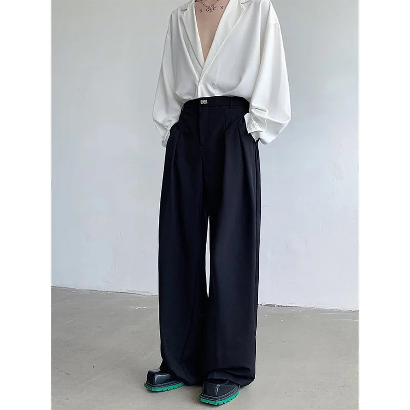 Hearujoy Baggy Black Suit Pants Mens Oversized Fashion Society Mens Dress Pants Korean Loose Wide Leg Pants Mens Office Formal Trousers