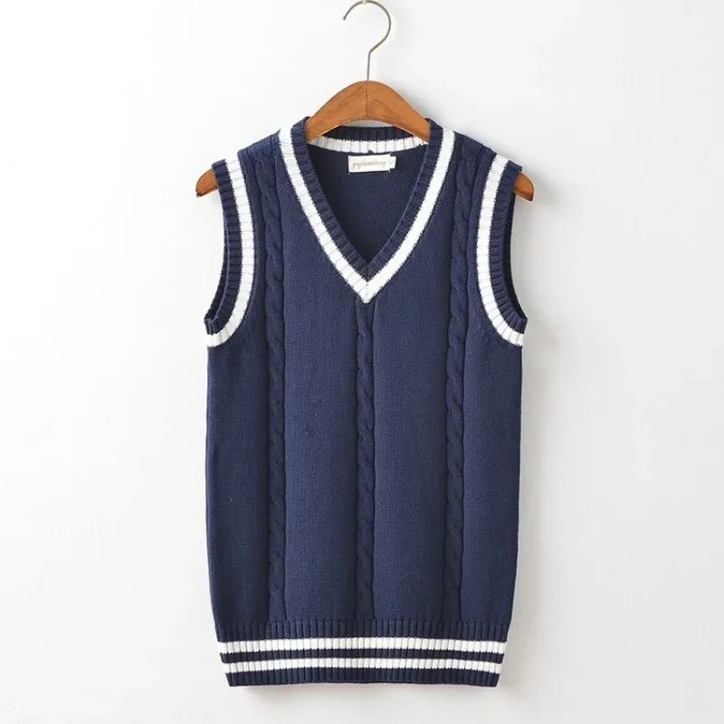 HEARUJOY  -  Striped White Knitted Sweaters for Men Blue Sleeveless Man Clothes V Neck Vest Red Waistcoat Jumpers Sweat-shirt Cigaret Cotton