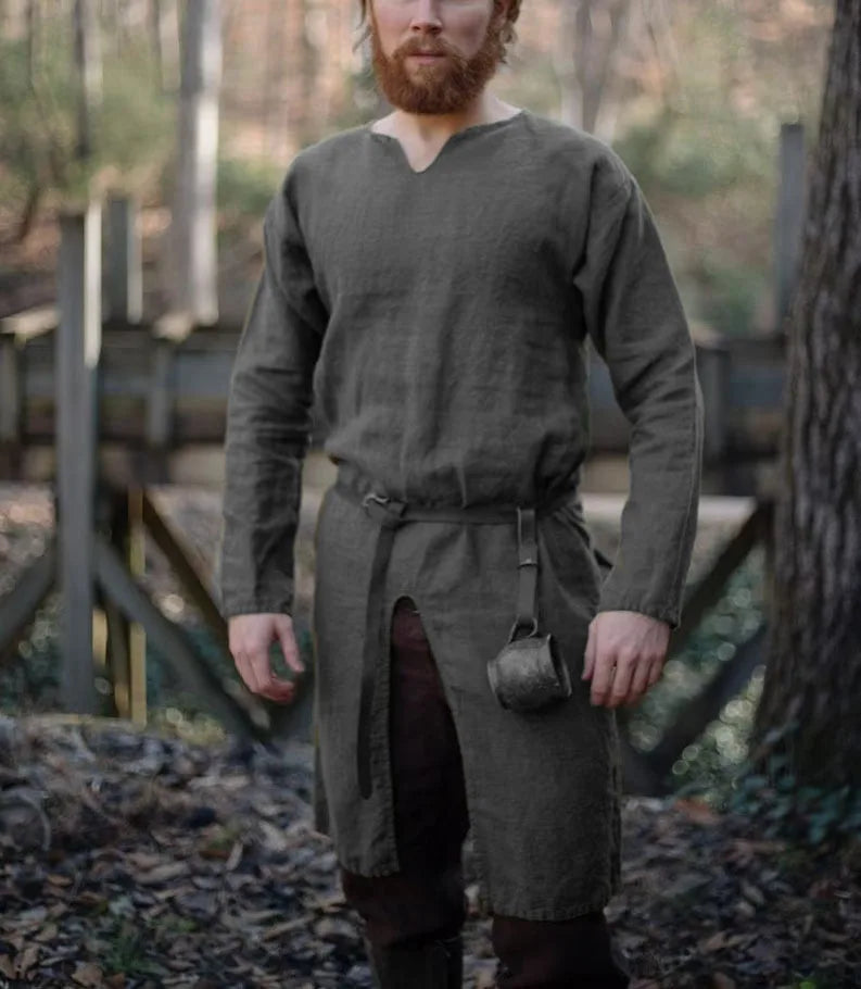 HEARUJOY  -  Streetwear Long Sleeve Tshirt For Men European Medieval Knight Top Vintage Loose V-neck Split Long Gown Pullover