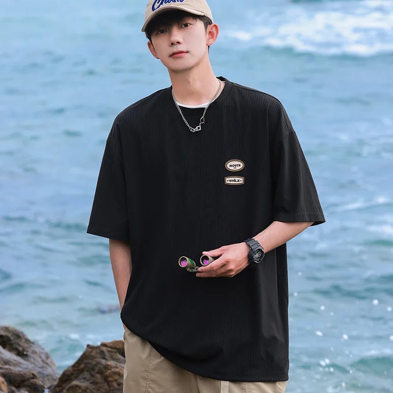 HEARUJOY  -  Korean Fashion Ins Trendy Brand Street Printed T Shirt Couple Summer Y2k Simple Hip-hop White Black Round Neck Sports Top Tees
