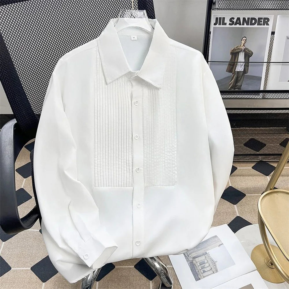 HEARUJOY  -  Mens Shirts Wrinkled Stitching Casual Shirts Streetwear Fashion Personality Versatile Long-Sleeve Tops Men'S Clothing 2025 New