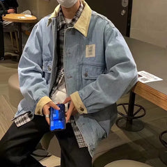 HEARUJOY  -  Retro Lapel Denim Jacket Men Jean Jackets Streetwear Turn Down Collar Denim Coats Cotton Casual Black Blue Coats Man Clothing