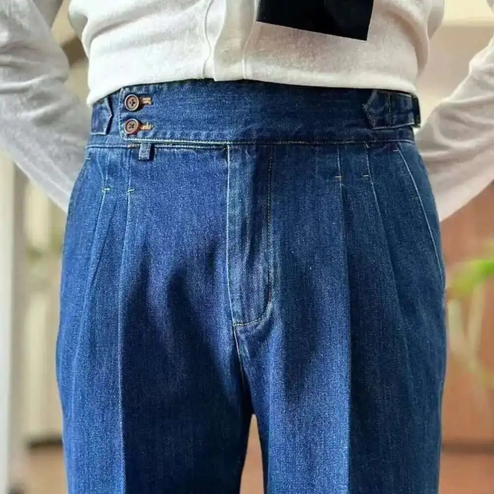 HEARUJOY  -  High Quality Double Pleated Jeans Straight Leg Pant Naples Straight Tube Loose Washed High Grade Business Pant Men Dress Trouser