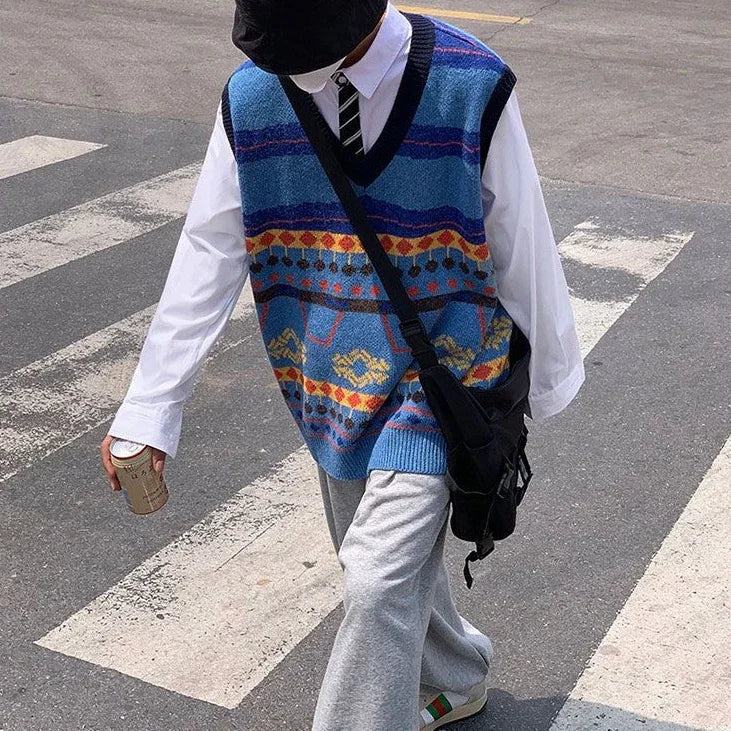 HEARUJOY  -  Sweater Man Casual Waistcoat V Neck Printed Knit Vests for Men Designer Cheap Korean Fashion Smooth Reviews Clothes Top Harajuku