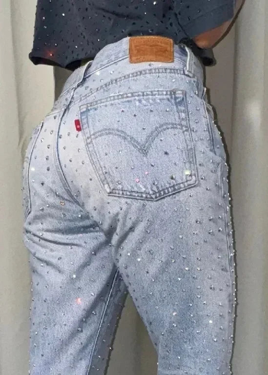 Hearujoy Baggy Jeans Women High Waist Slim Y2K Pants Gothic Pocket Sequins Rhinestone Retro Blue Jeans Fashion Straight Denim Trousers