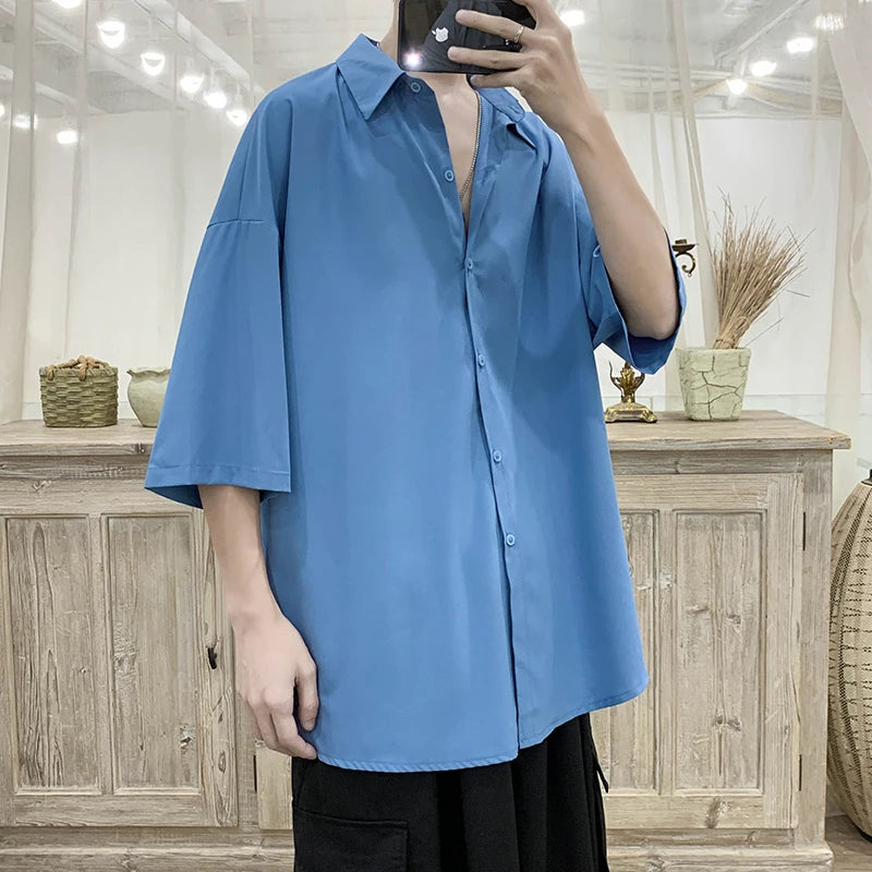 HEARUJOY  -  Summer Short Sleeved Shirt Men Oversized Society Mens Black Dress Shirt Korean Loose Ice Silk Shirt Mens Office Formal Shirts